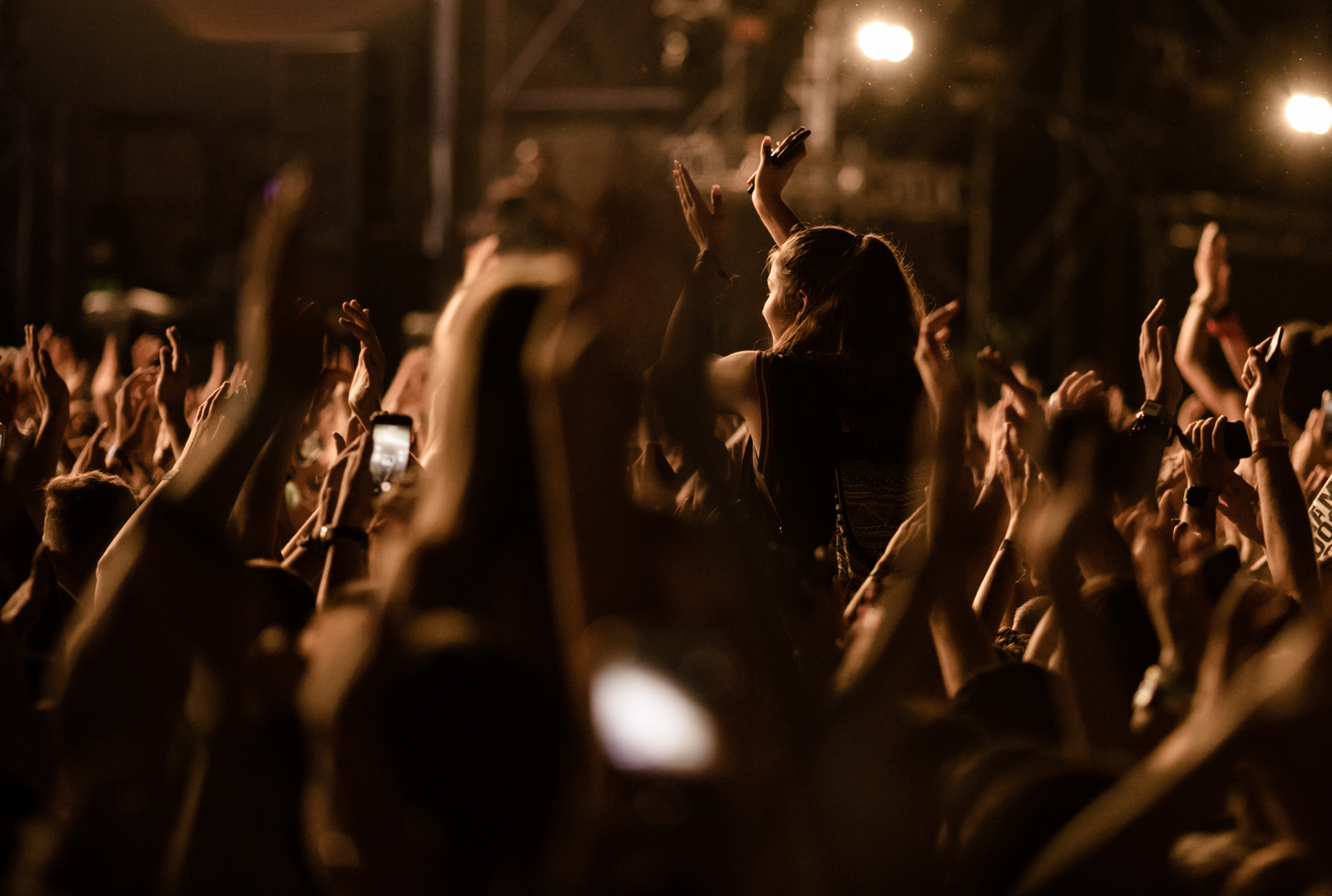 Crowd People With Raised Arms Having Fun Music Festival By Night